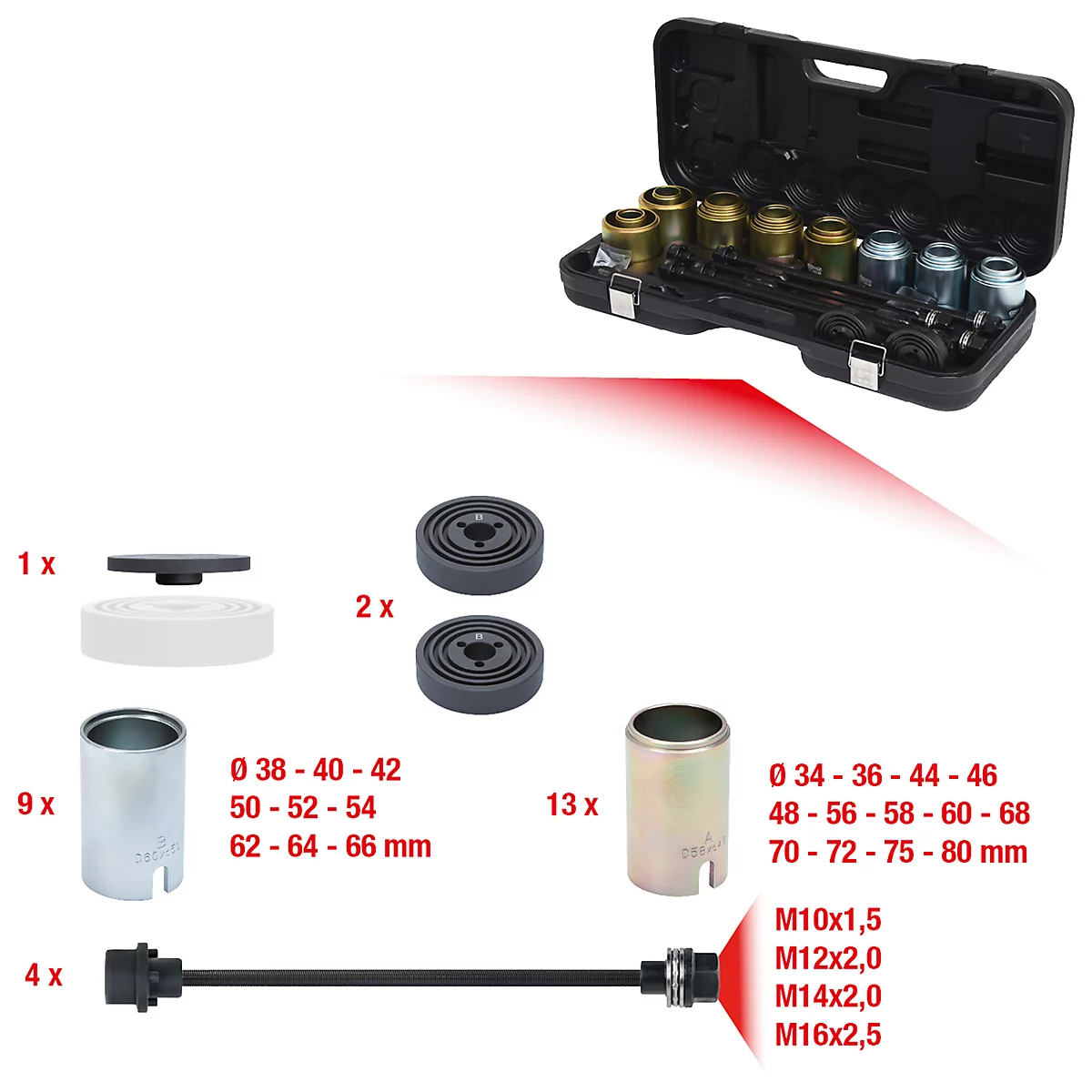 Werkzeugsatz mit verschiedenen Komponenten, darunter Hülsen, Aufsätze und eine schwarze Transportbox.